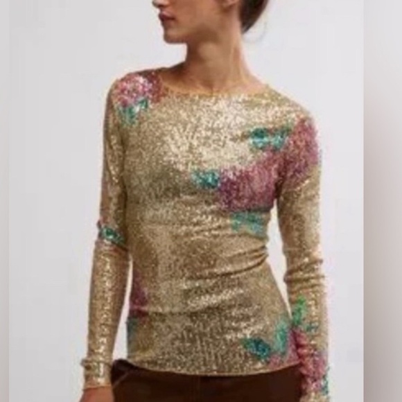 Free People Tops - FREE PEOPLE PRINTED GOLD RUSH FLORAL LONG SLEEVE CREW NECK TOP SIZE SMALL NWT
